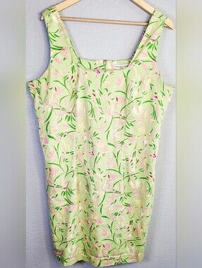Amanda Smith Woman 18W Green Pink Floral Sheath Dress Cotton Stretch Sleeveless